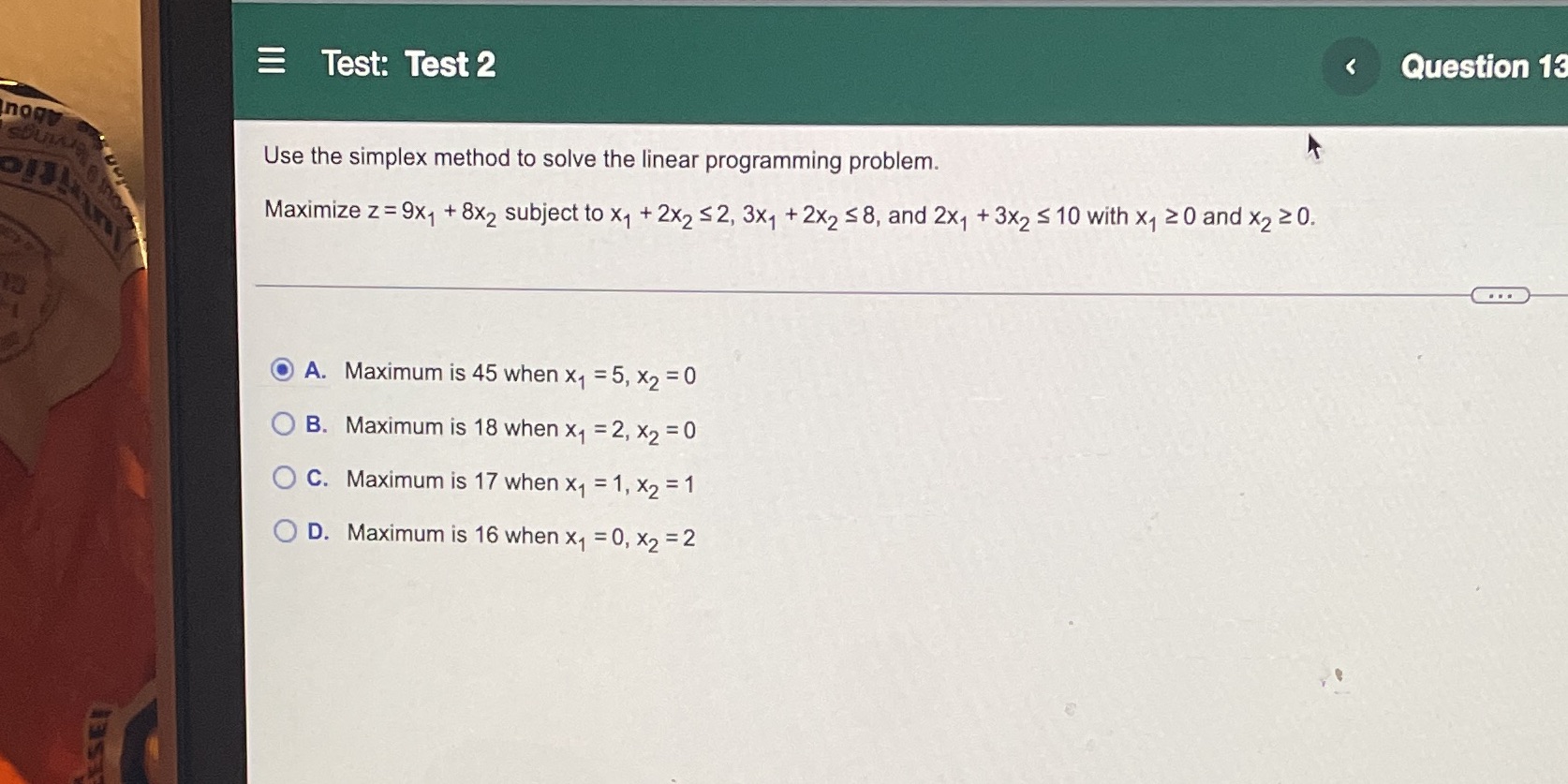 Test: Test 2 _ it Use the simplex method to solve
