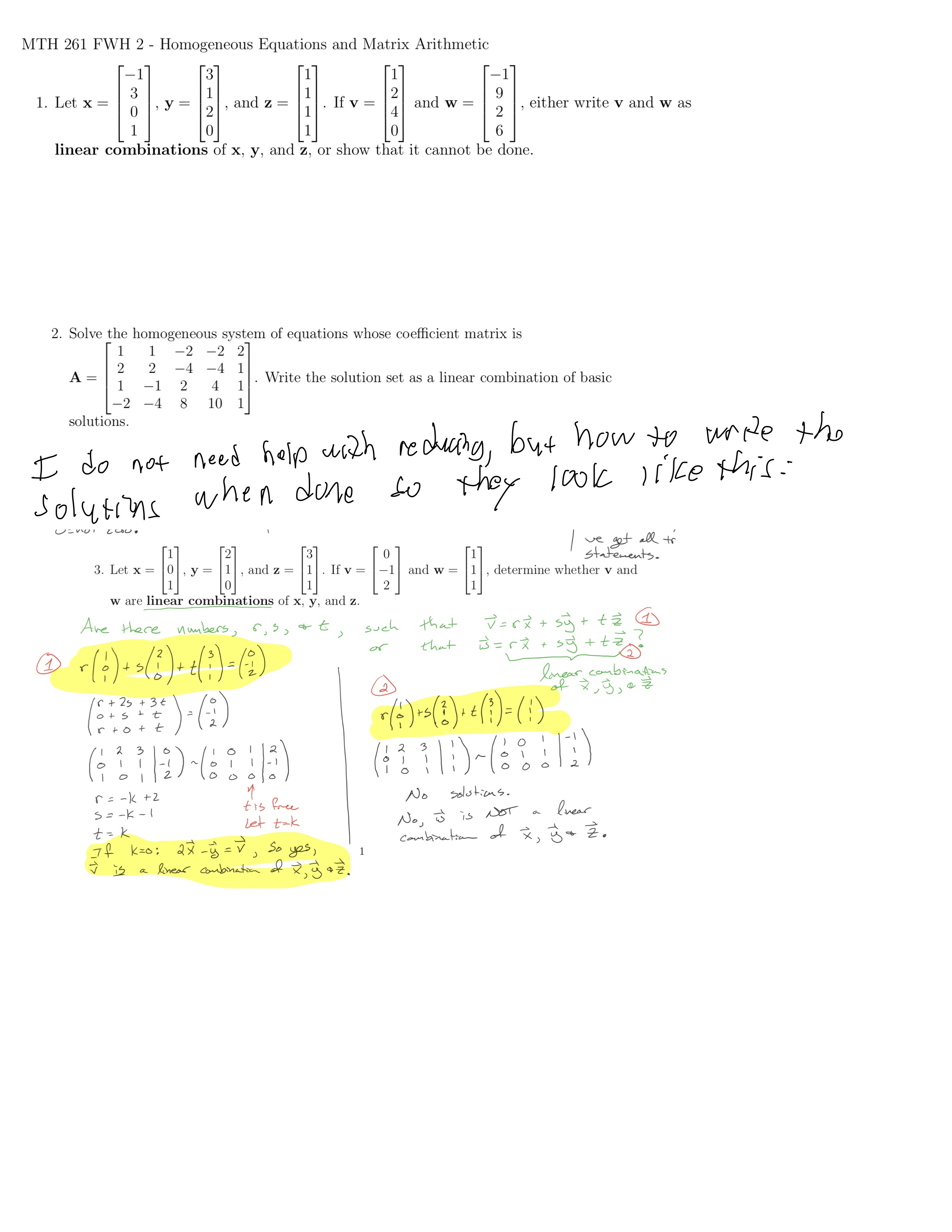 MTH 261 FWH 2 - Homogeneous Equations and Matrix