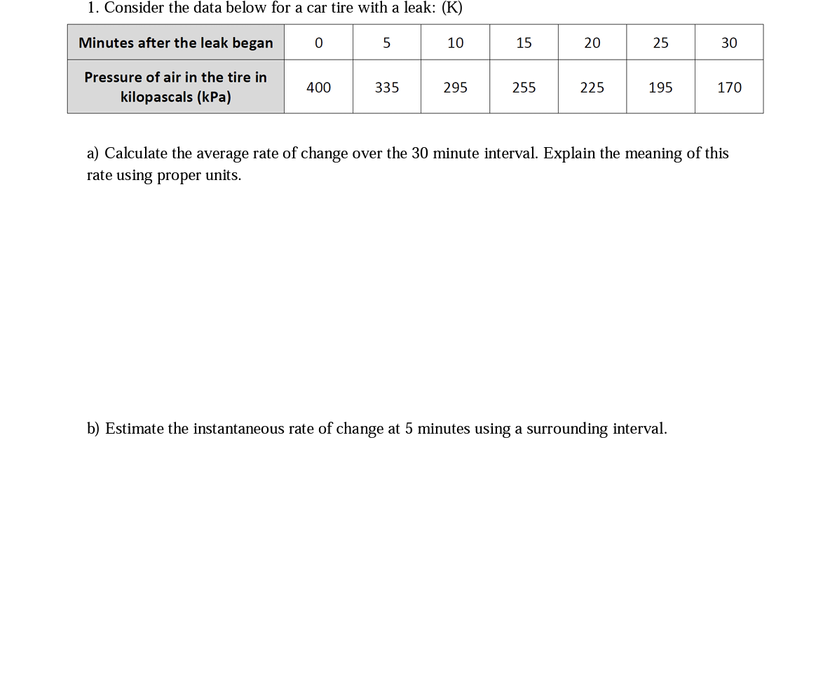 1. Consider the data below for a car tire with a