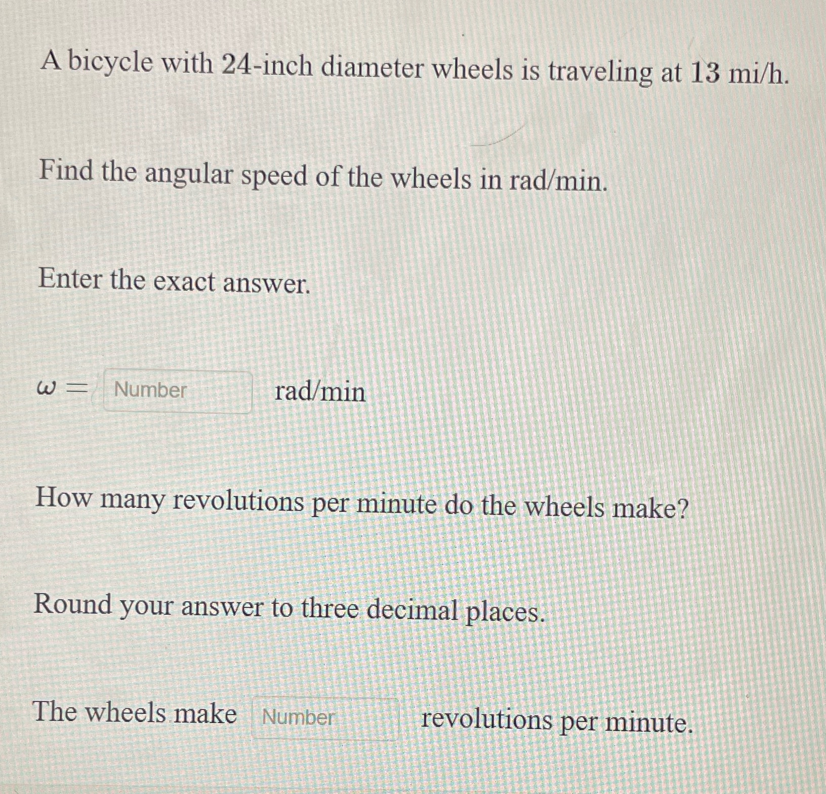W= ? Rad/min & how many revolutions per minute