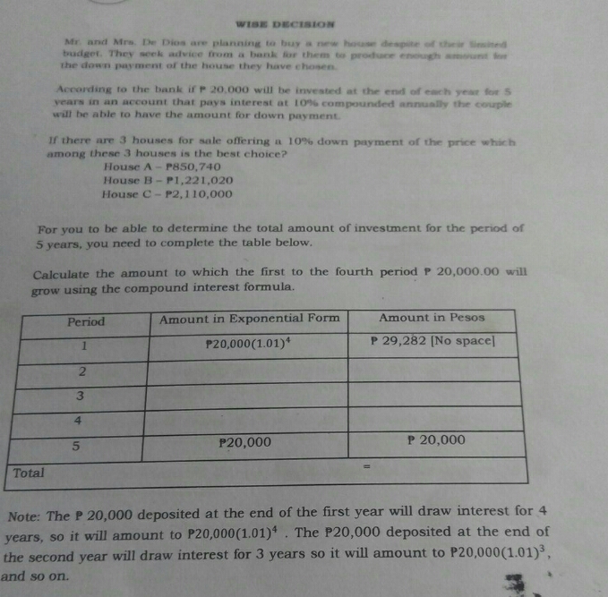 Please HELP me??? WISE DECISION Mr. and Mrs. De