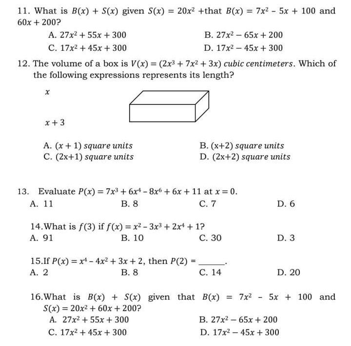 11. What is B(x) + S(x) given S(x) = 20x2 +that