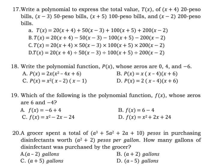 11. What is B(x) + S(x) given S(x) = 20x2 +that