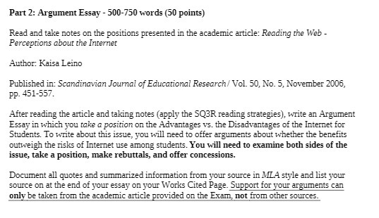 Part 2: Argument Essay - 500-750 words (50