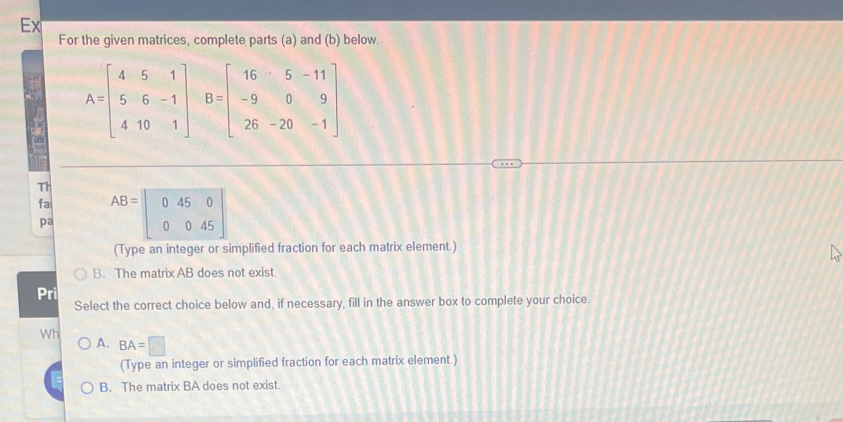 Ex For the given matrices, complete parts (a) and
