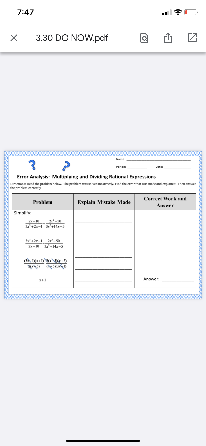 7:47 X 3.30 DO NOW.pdf Name ? Period: Date: Error