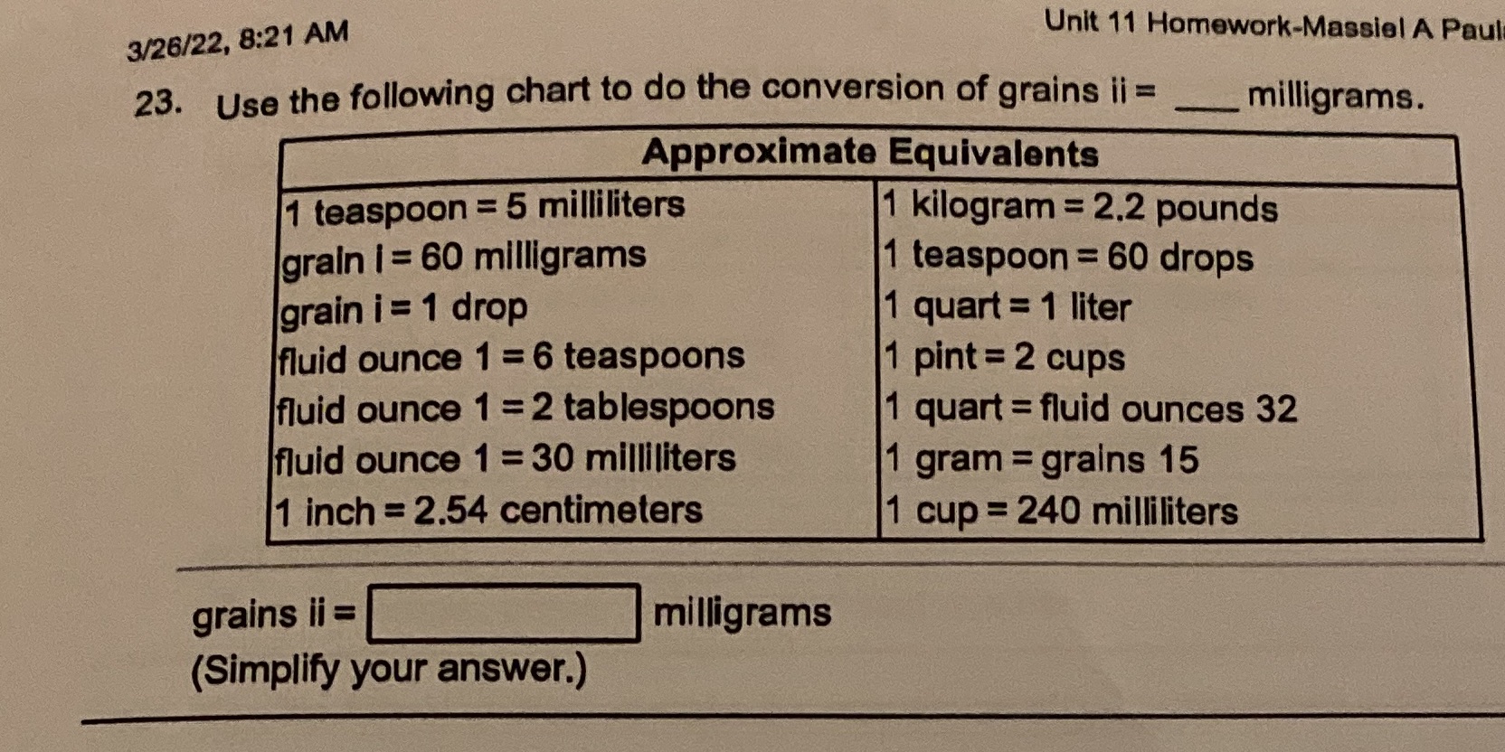 3/26/22, 8:21 AM Unit 11 Homework-Massiel A Paul