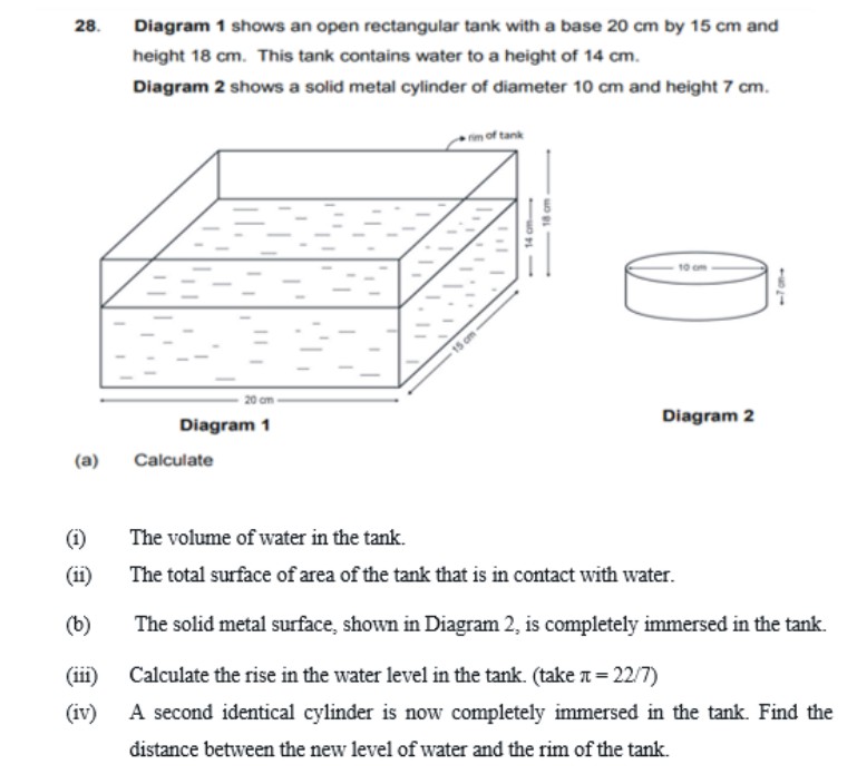 28. Diagram 1 shows an open rectangular tank with