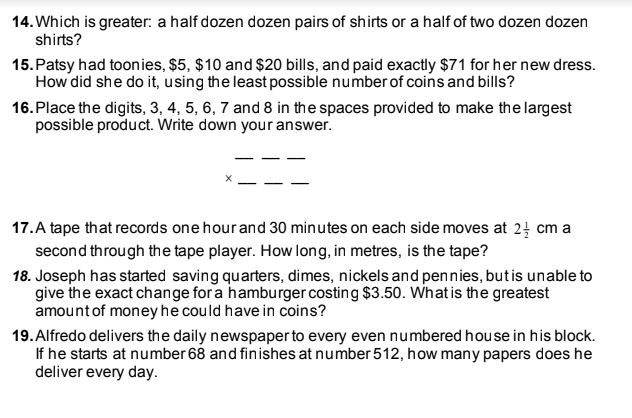 14. Which is greater: a half dozen dozen pairs of