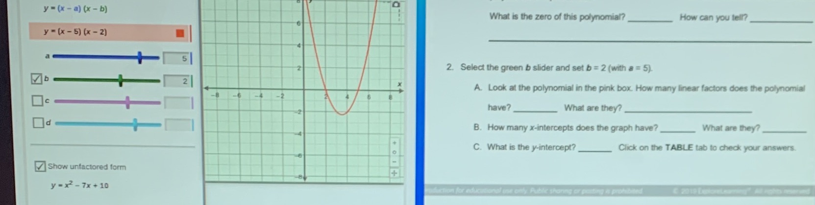 I need help with question 2. y = (x- a) (x - b)