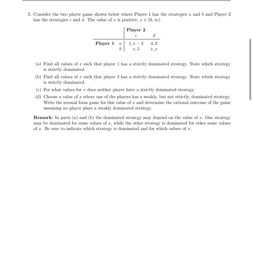 2. Consider the two player game shown below where