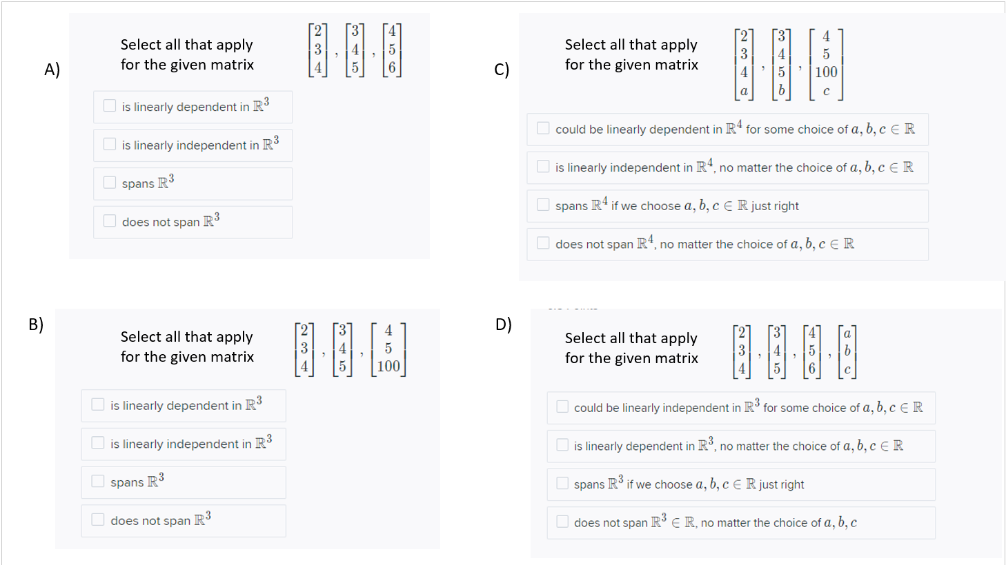 Select all that apply 3 4 5 for the given matrix
