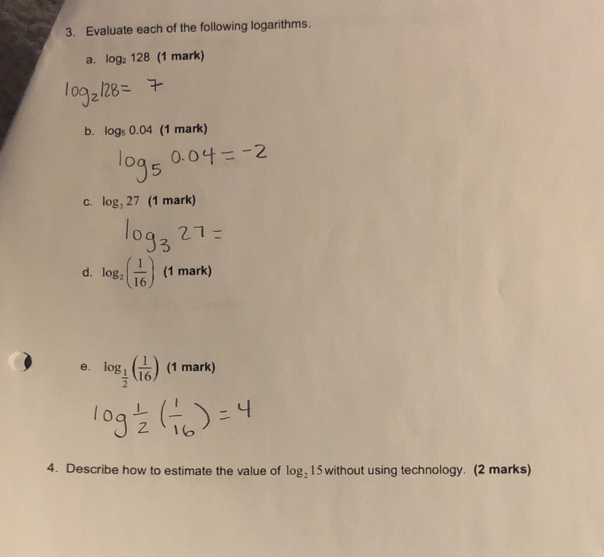3. Evaluate each of the following logarithms. a.