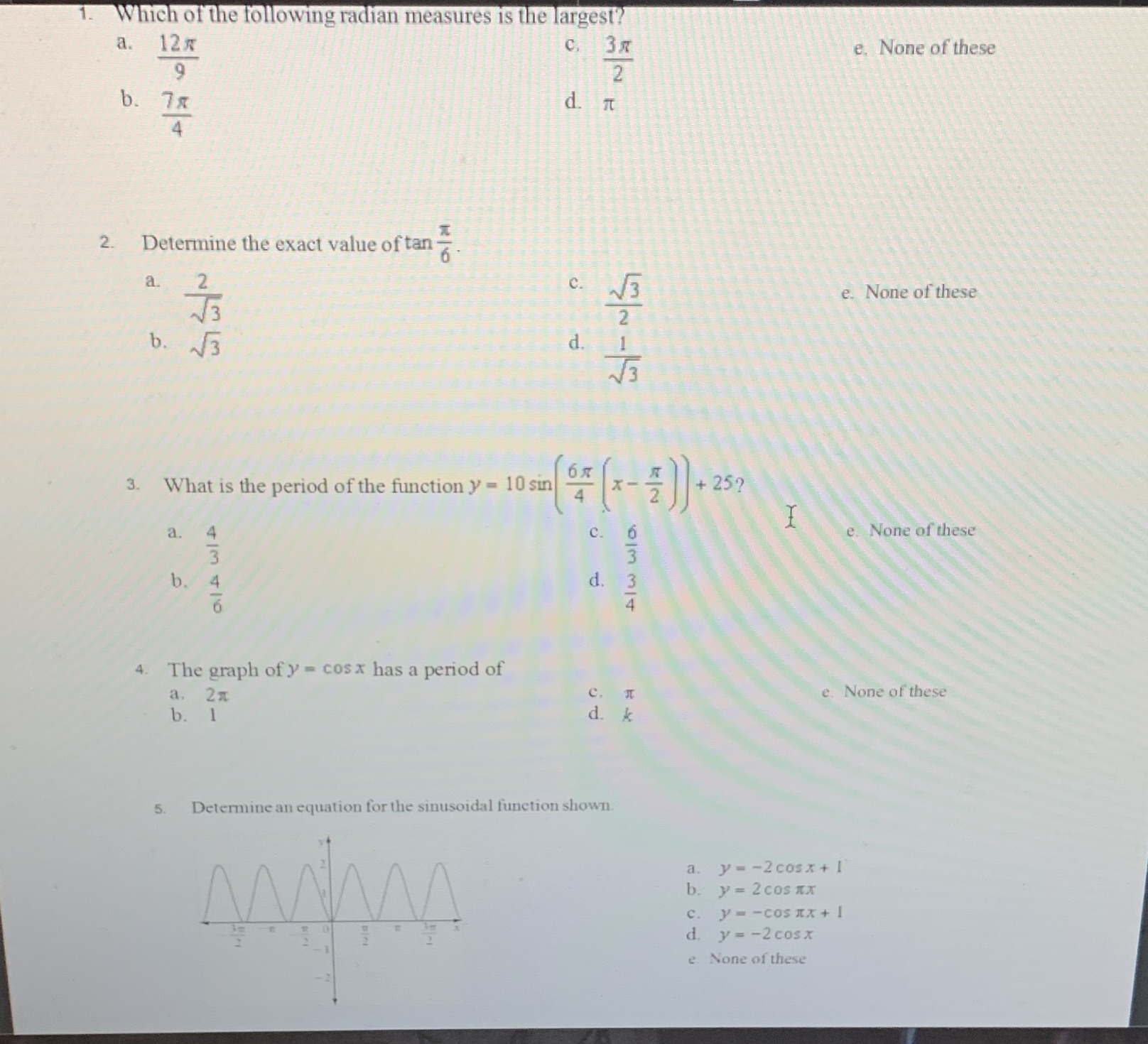 1-5 please 1. Which of the following radian