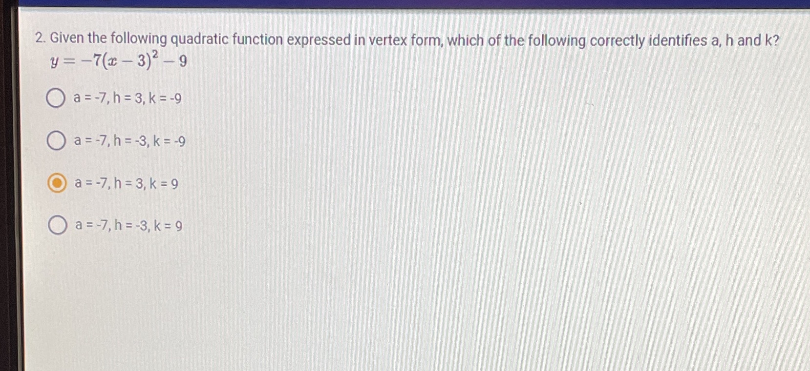 2. Given the following quadratic function