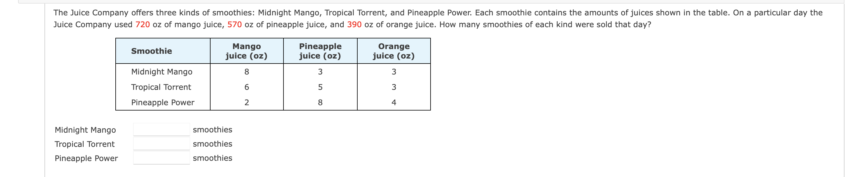 The Juice Company offers three kinds of