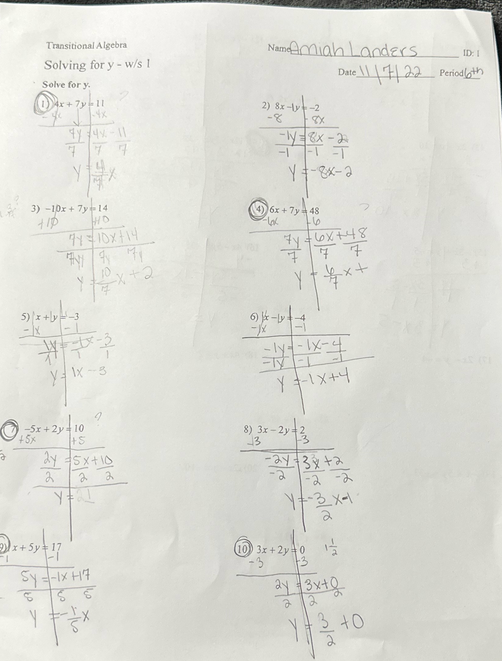 Math Transitional Algebra Solving for y - w/s 1