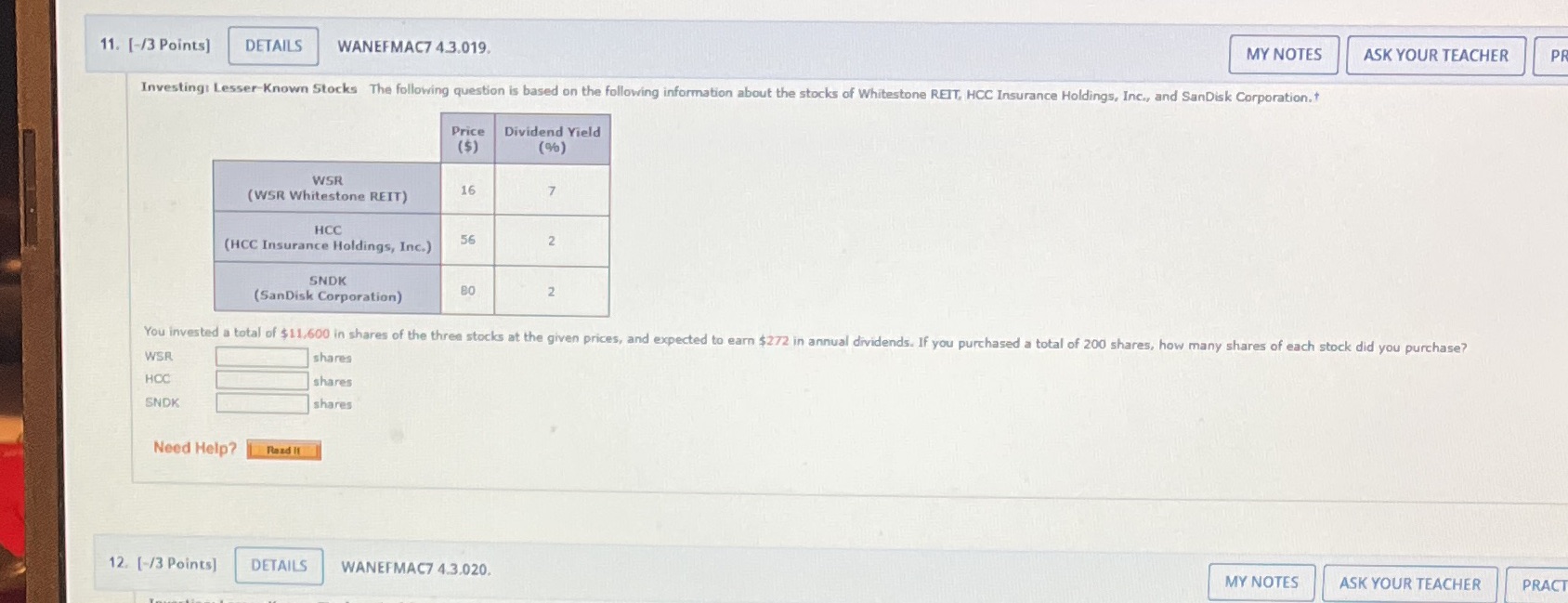 11. [-/3 Points] DETAILS WANEFMAC7 4.3.019. MY