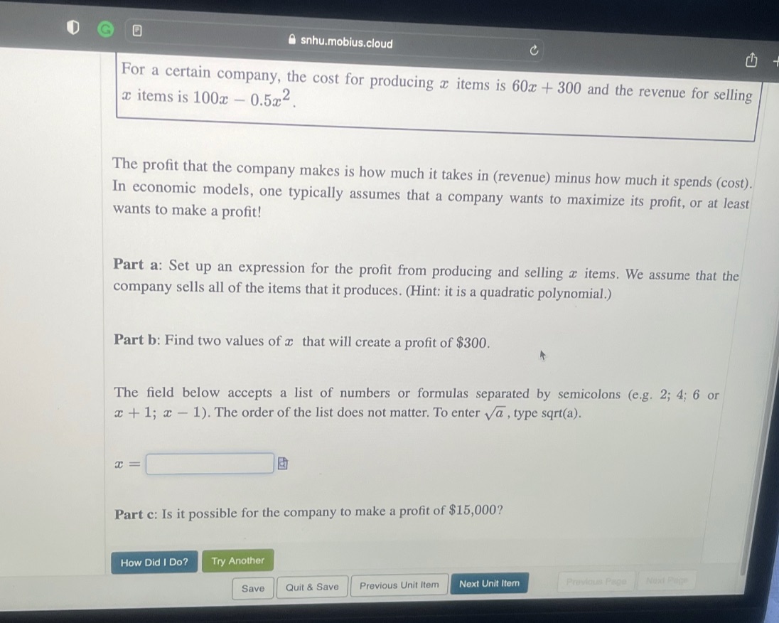 O G A snhu.mobius.cloud C For a certain company,