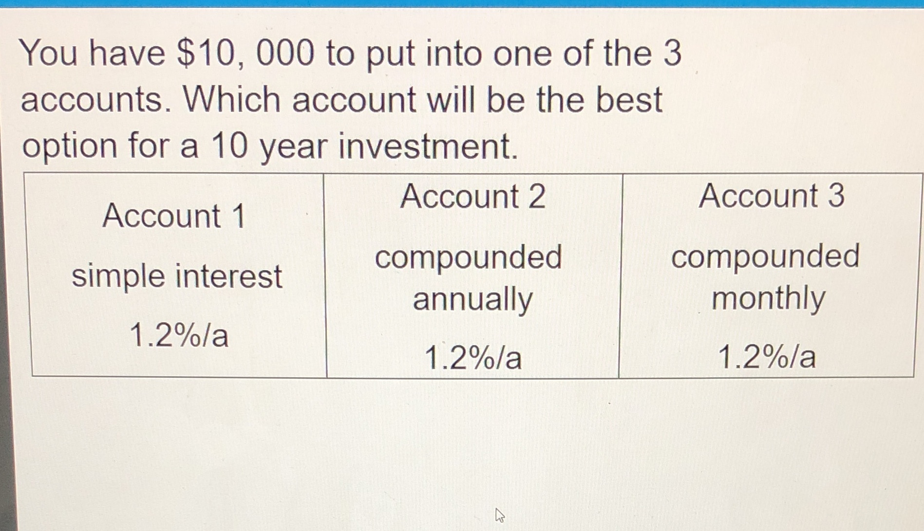 You have $10, 000 to put into one of the 3