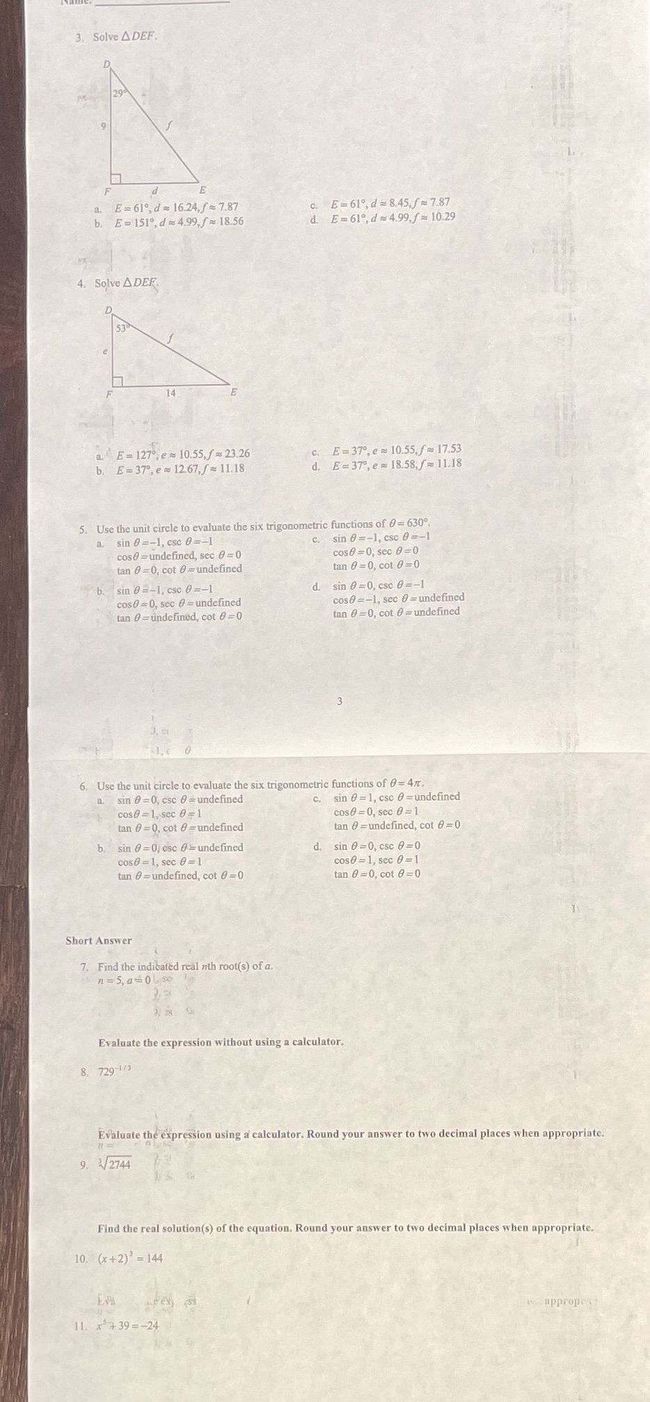 Answer 3-11 show work. Algebra 2 3. Solve A DEF.