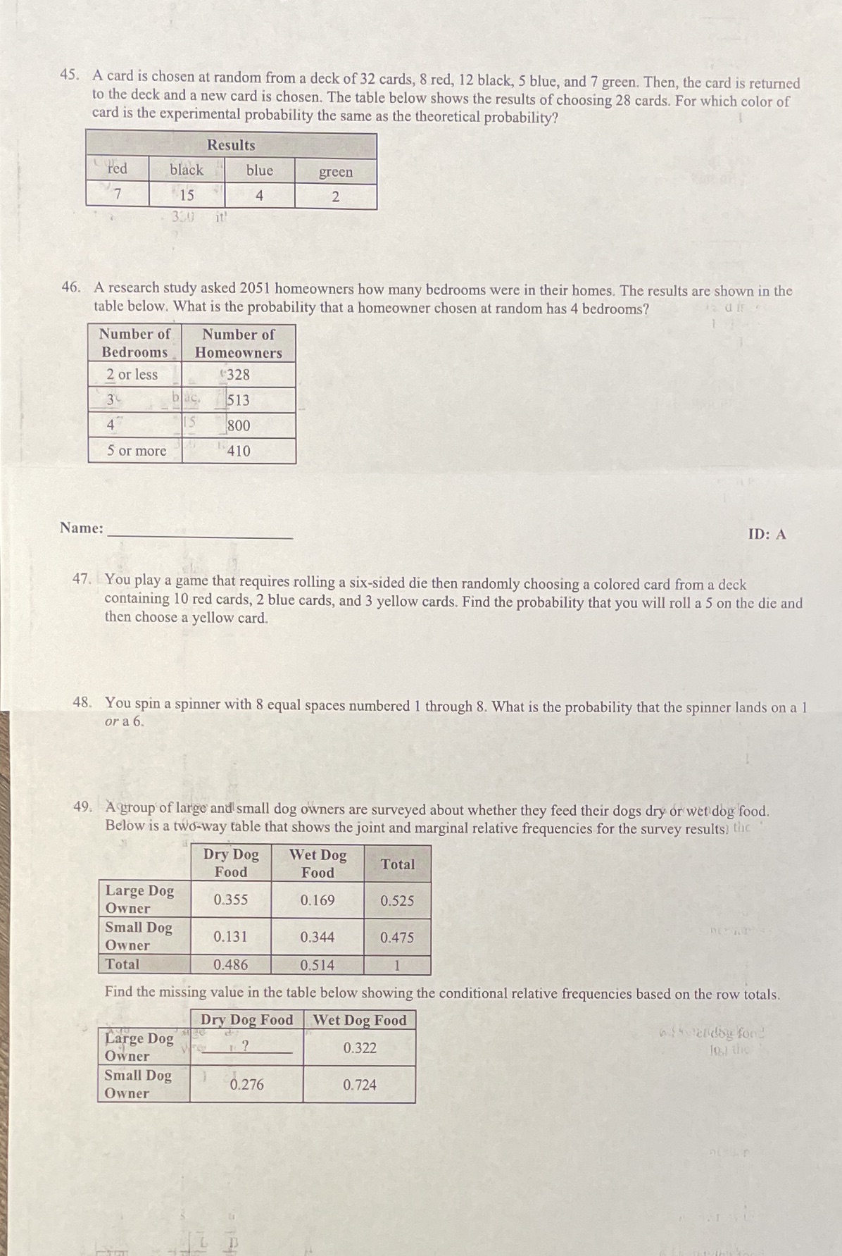 Algebra 2 45-49 45. A card is chosen at random
