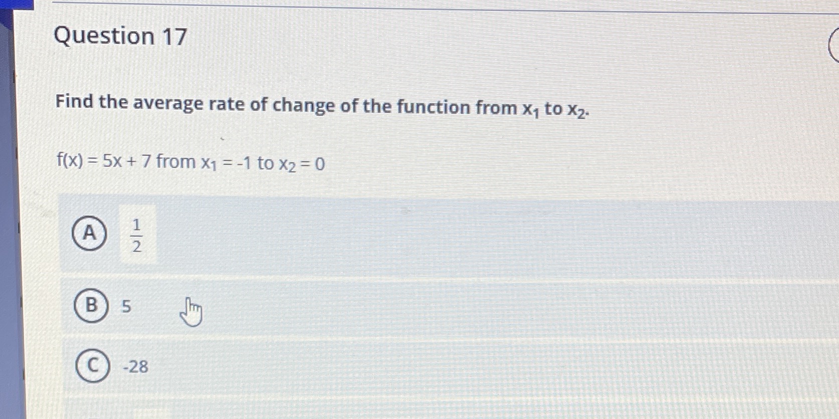 Question 17 Find the average rate of change of