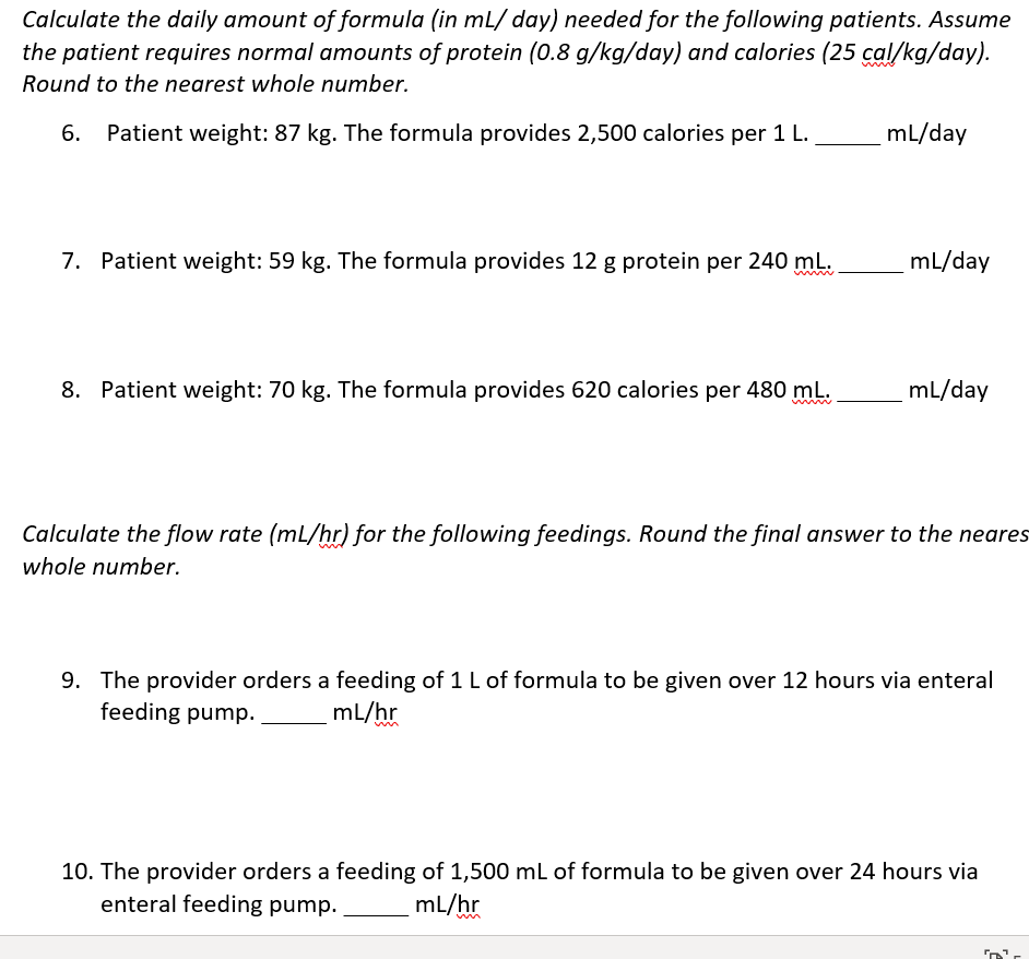 Calculate the daily amount of formula (in ml/