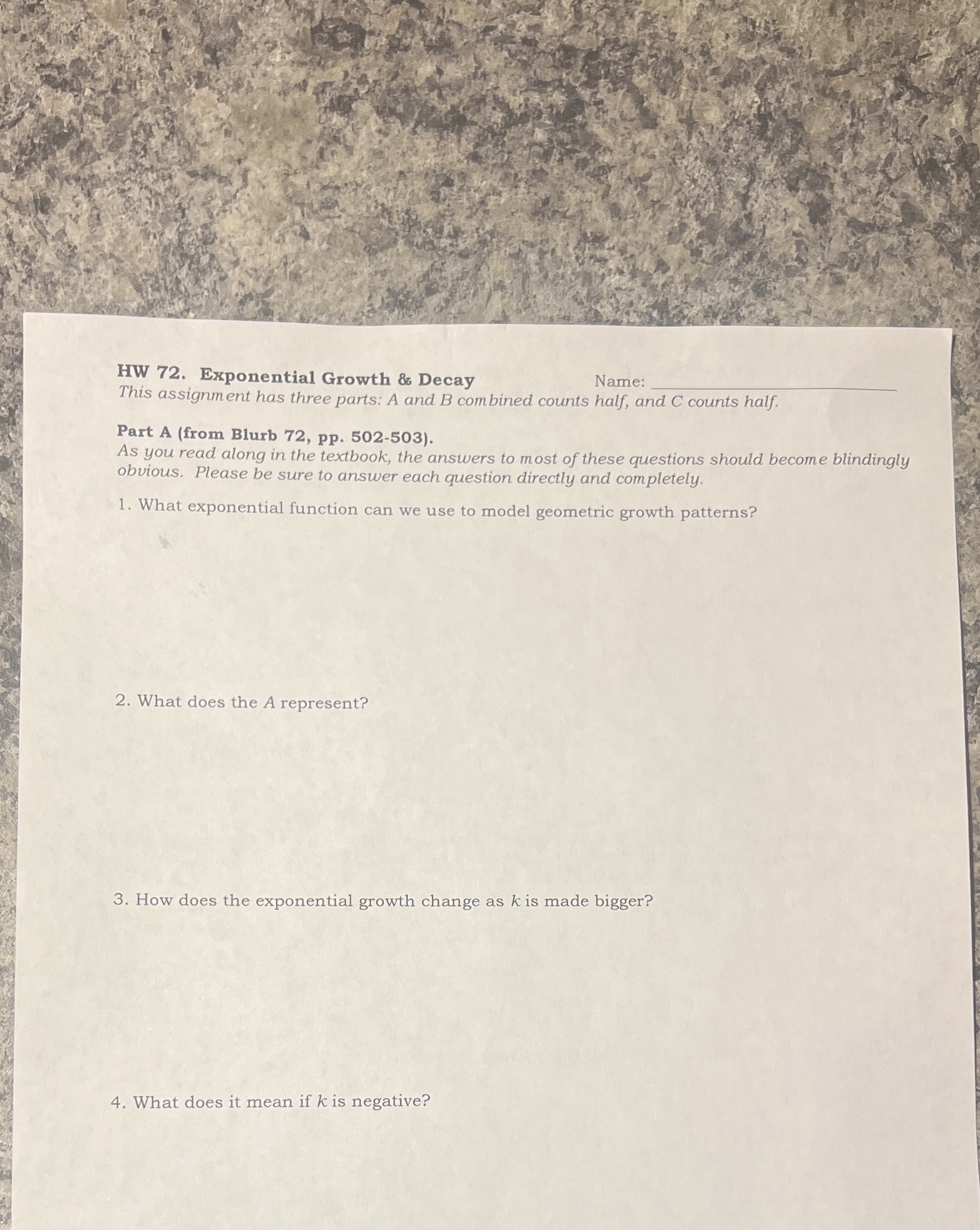 HW 72. Exponential Growth & Decay Name: This