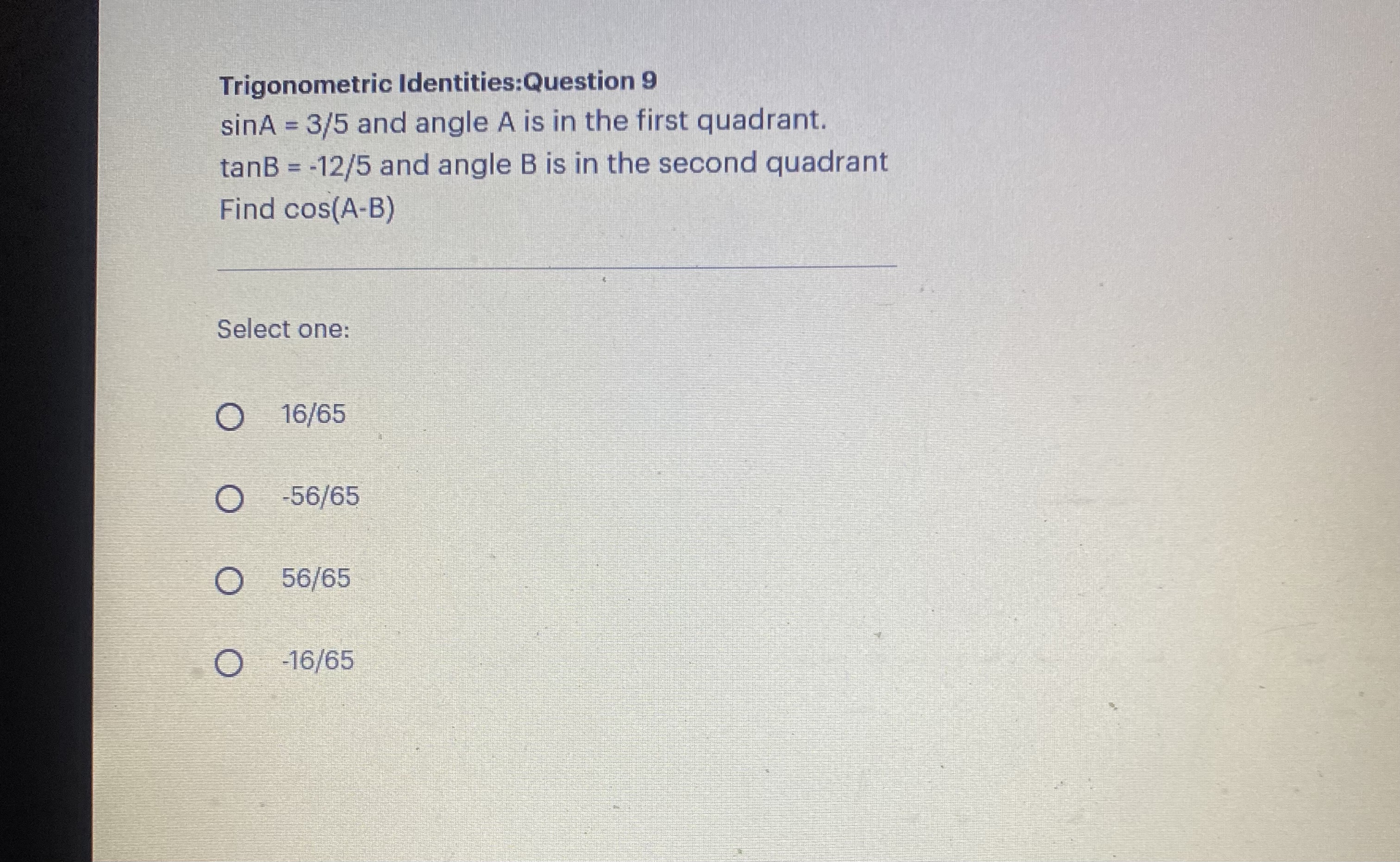 Trigonometric Identities:Question 5 Use