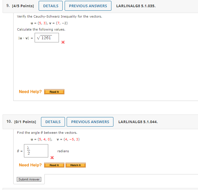 9. [4/5 Points] DETAILS EVIOUS ANSWERS LARLINALG8