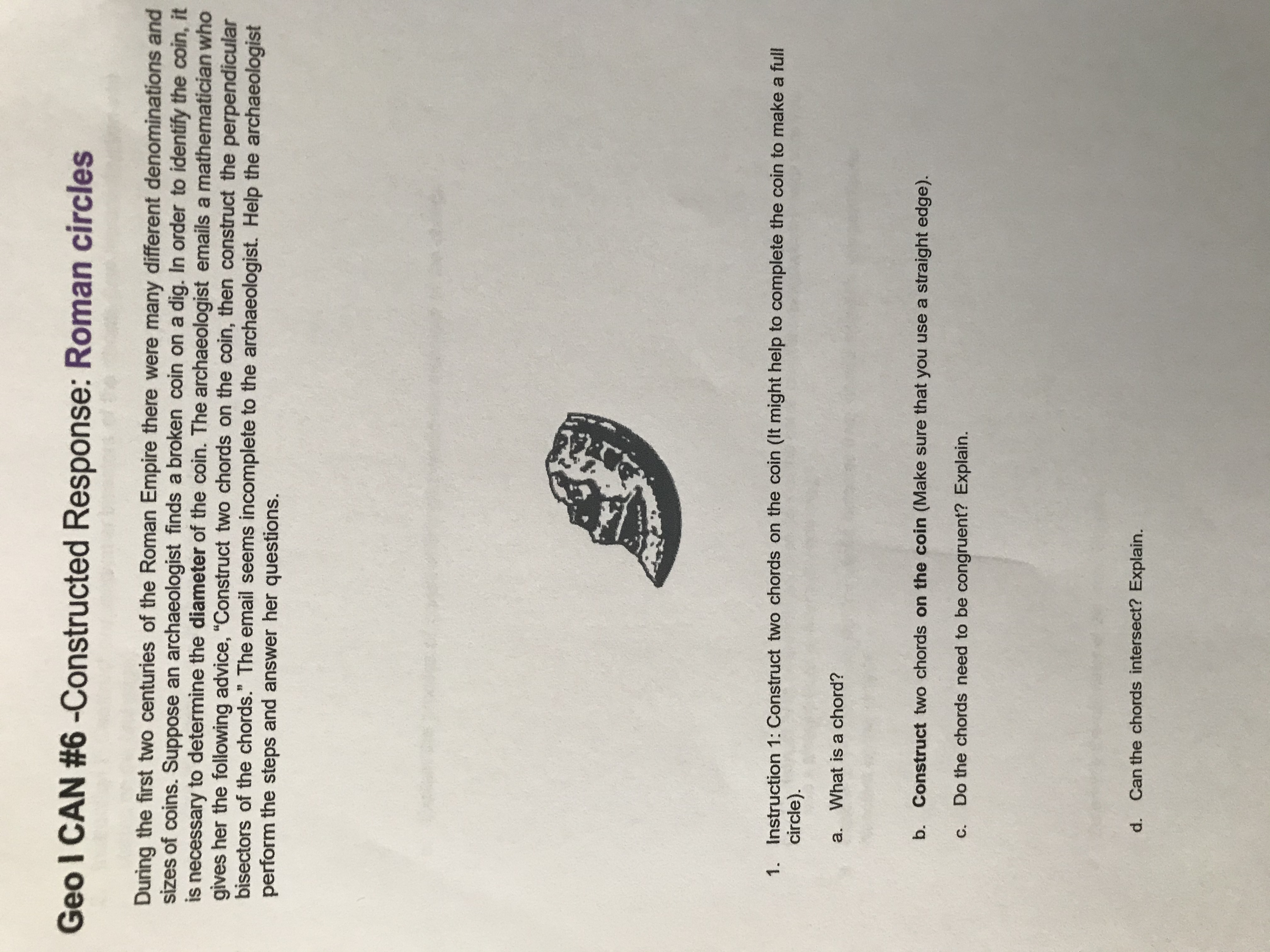 construct two chords on the coin. a. What is a