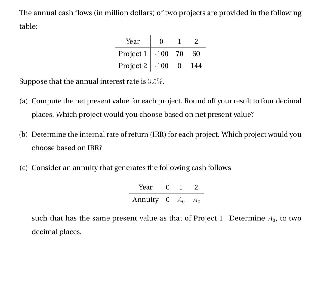 Please answer in detail The annual cash ows (in