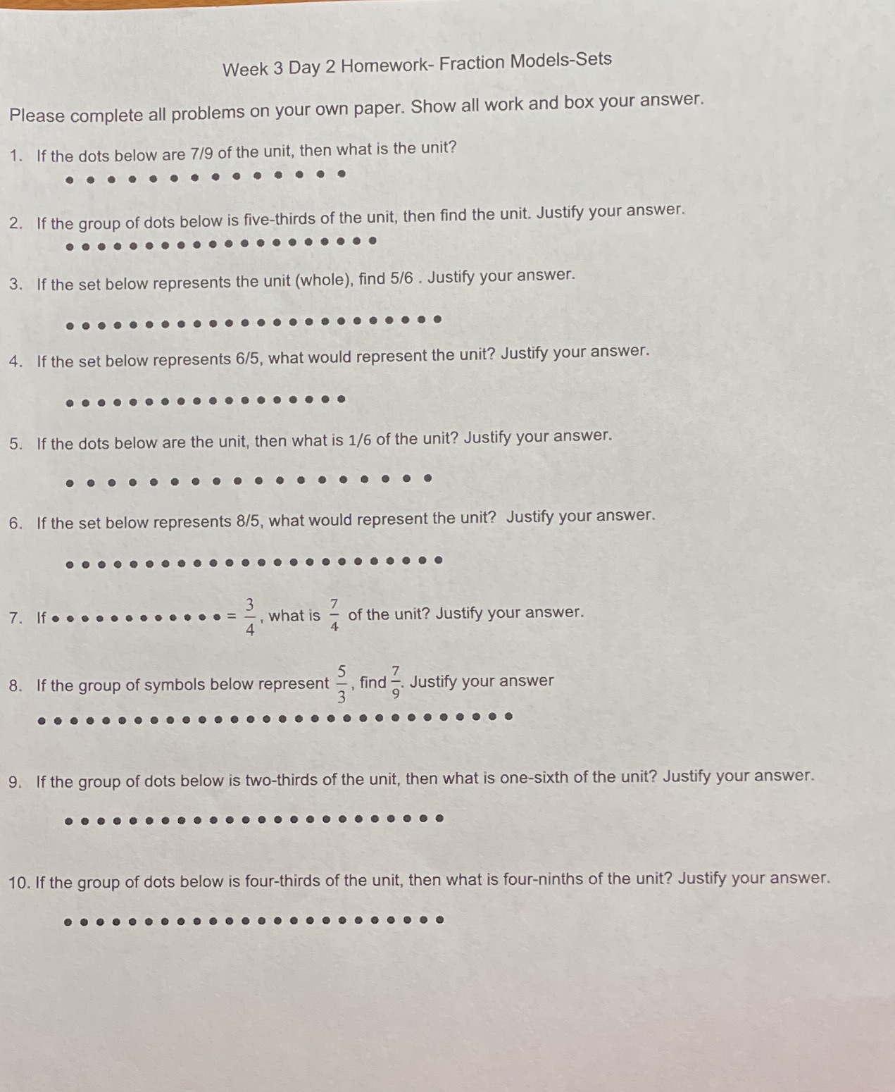 Week 3 Day 2 Homework- Fraction Models-Sets
