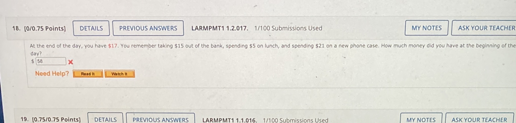 18. [0/0.75 Points] DETAILS PREVIOUS ANSWERS