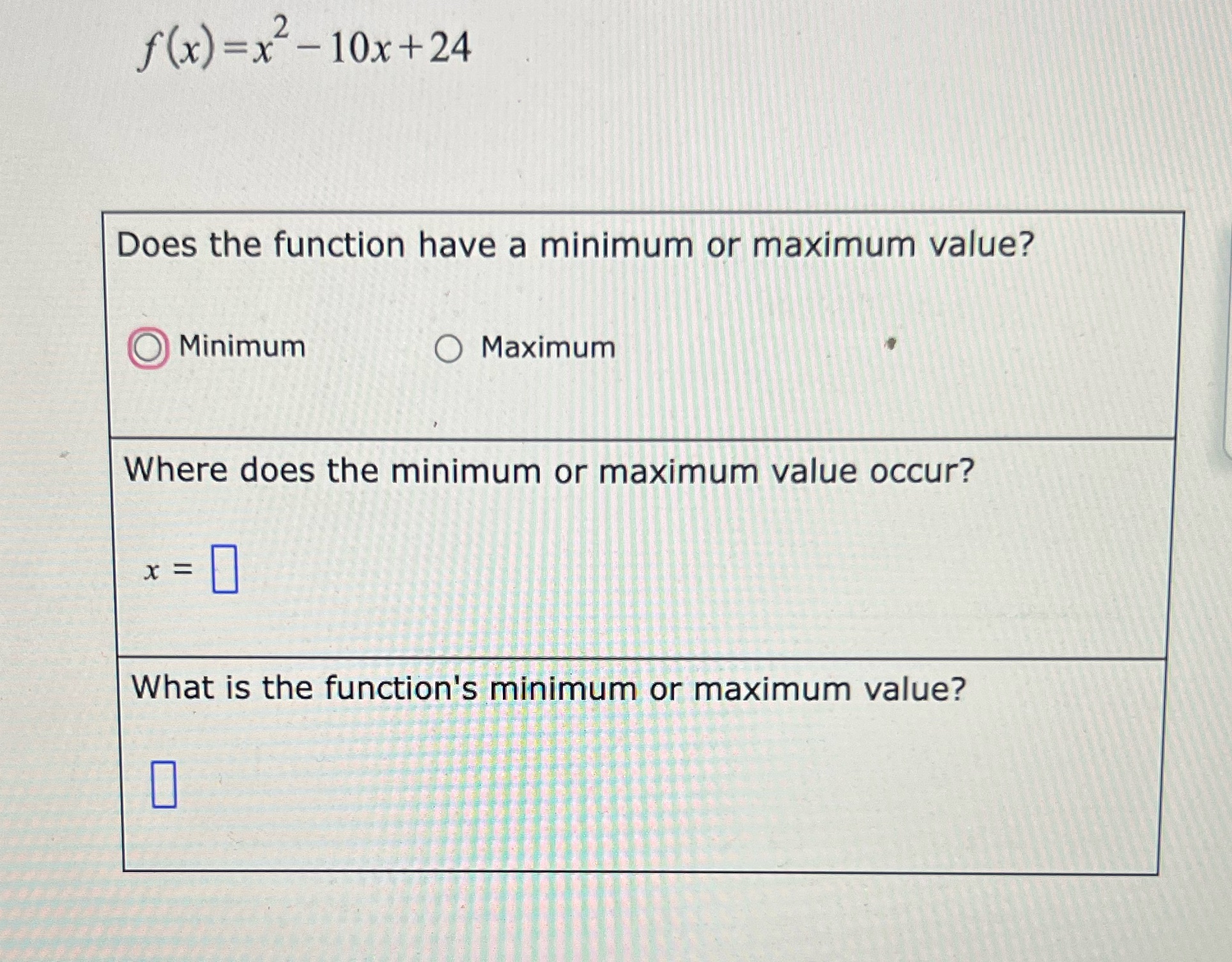 Answer the questions below. f (x) =x2 - 10x+24