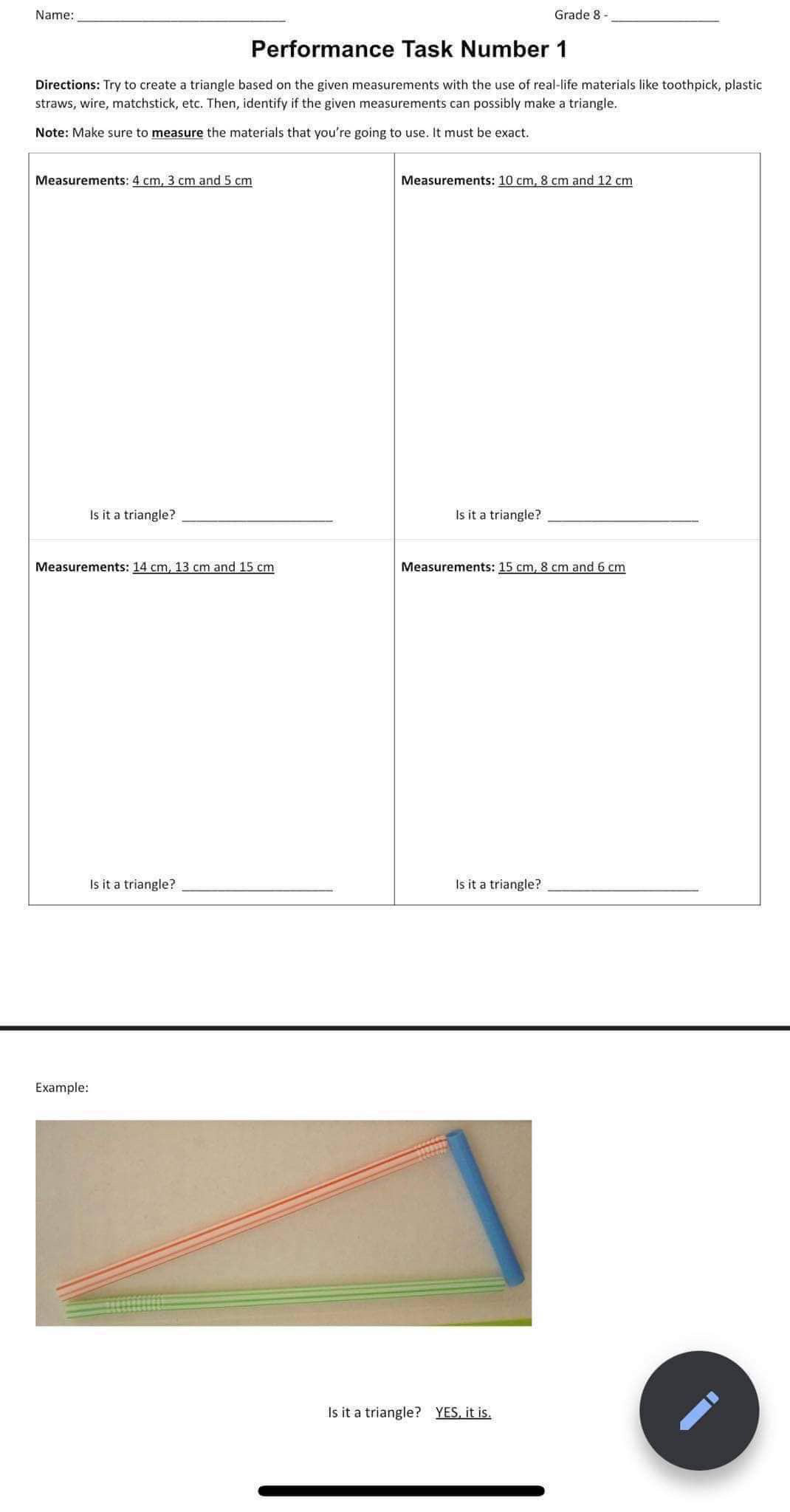 Name: Grade 8 - Performance Task Number 1