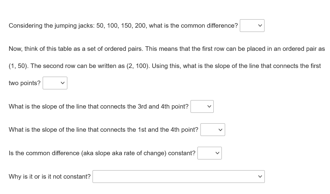 Considering the jumping jacks: 50, 100, 150, 200,