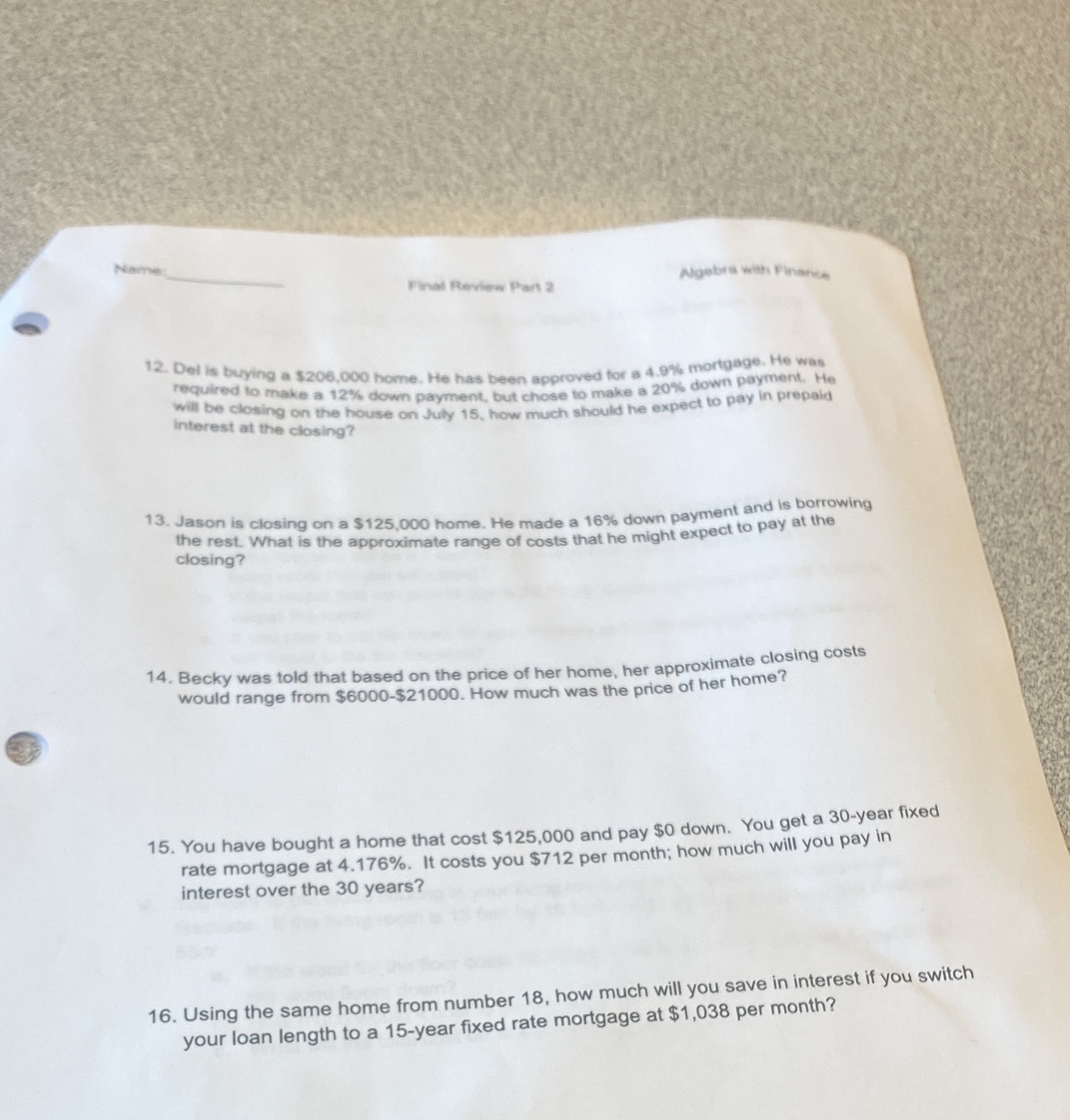 Final Review Part 2 Algebra with Finance 12. Del