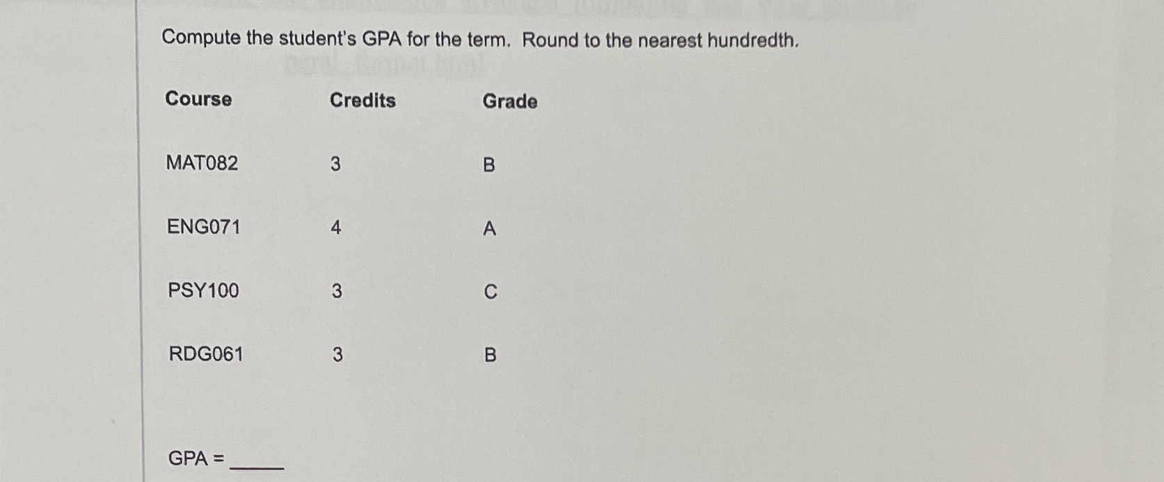 Compute the student's GPA for the term.