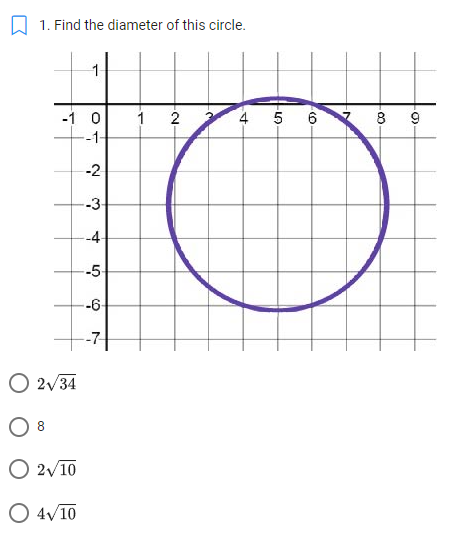 1. Find the diameter of this circle. 1 2 4 5 6 8