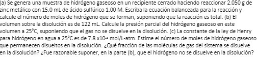 aj Se genera una muestra de hidrogeno gaseoso en
