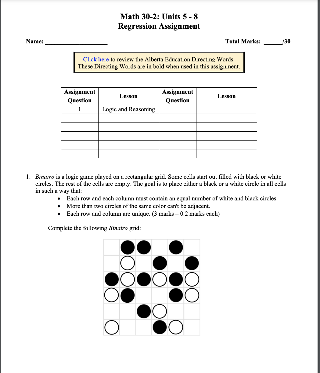 Math 30-2: Units 5 - 8 Regression Assignment