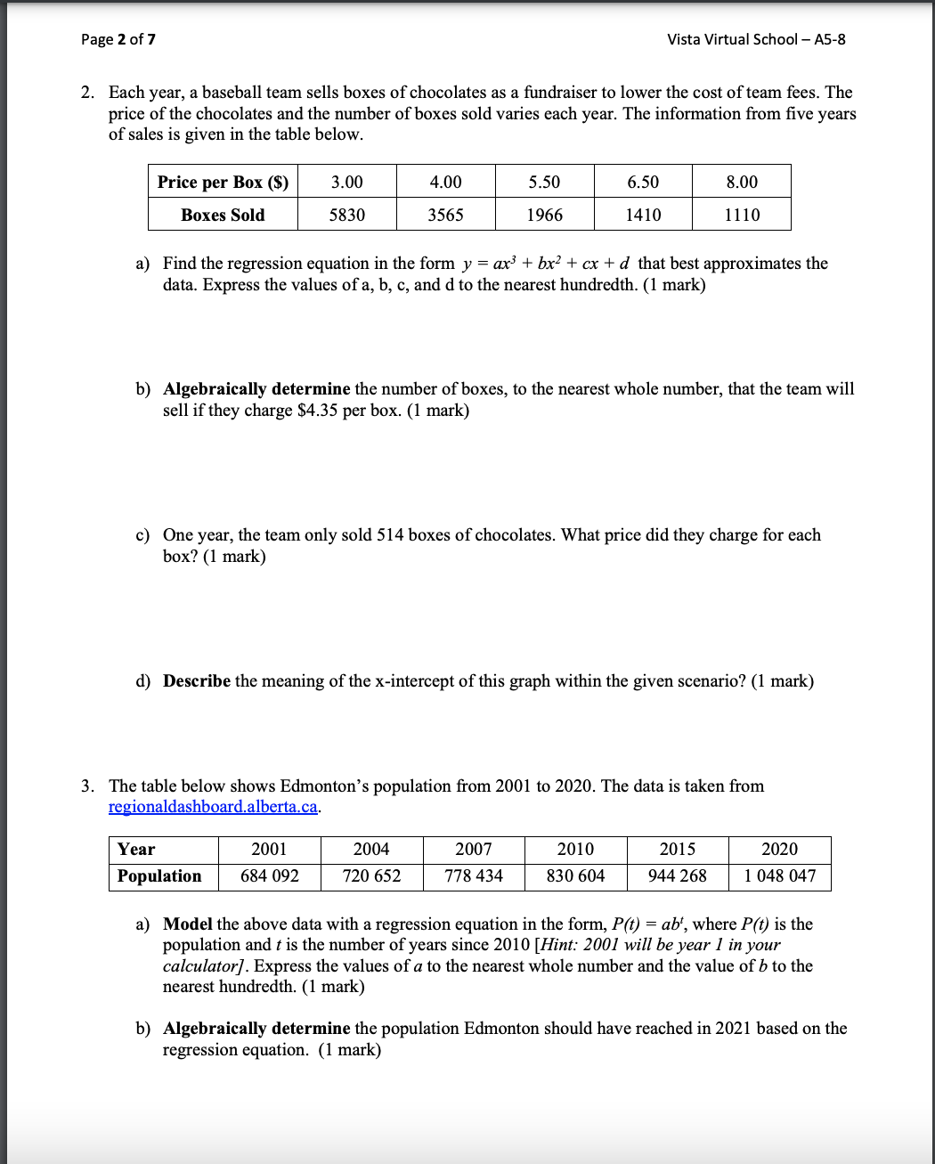 Math 30-2: Units 5 - 8 Regression Assignment