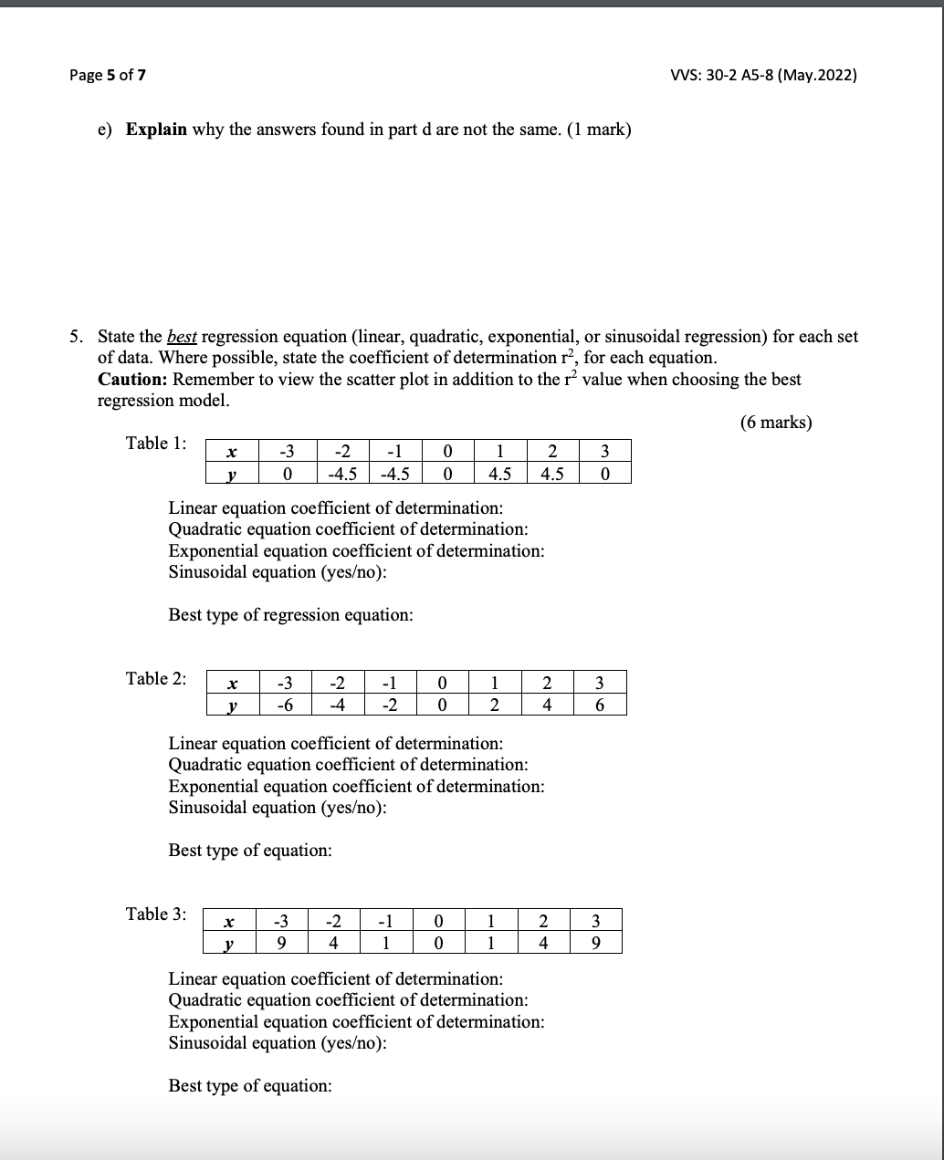 Math 30-2: Units 5 - 8 Regression Assignment