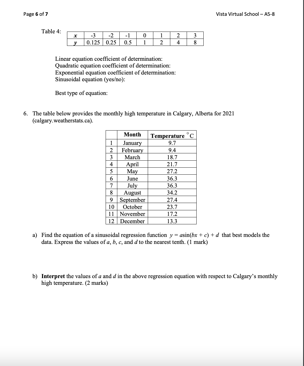 Math 30-2: Units 5 - 8 Regression Assignment