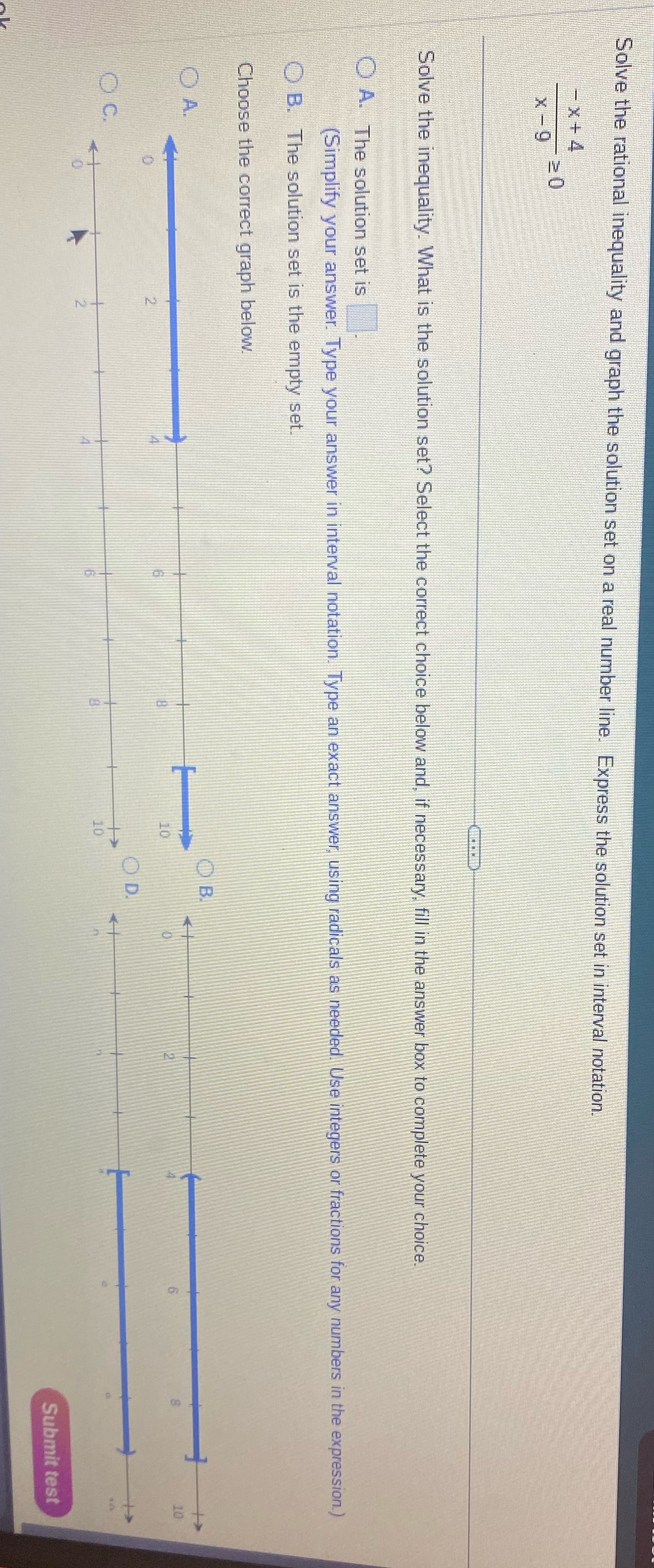 Solve the rational inequality and graph the