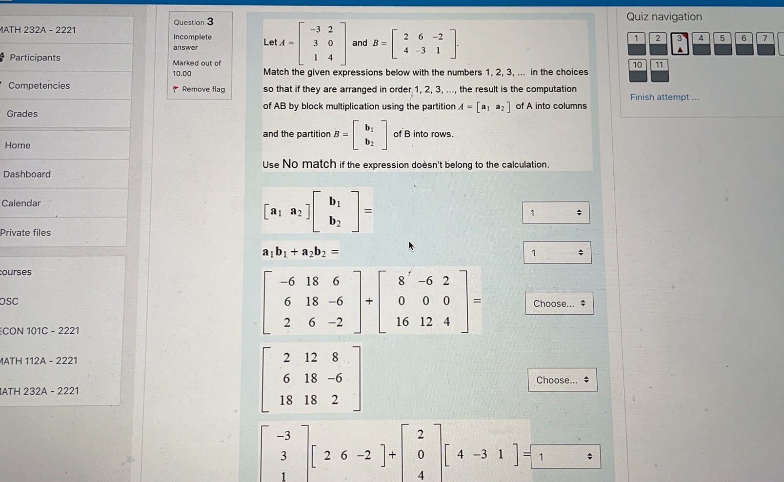 Question 3 Quiz navigation MATH 232A - 2221 -3 2