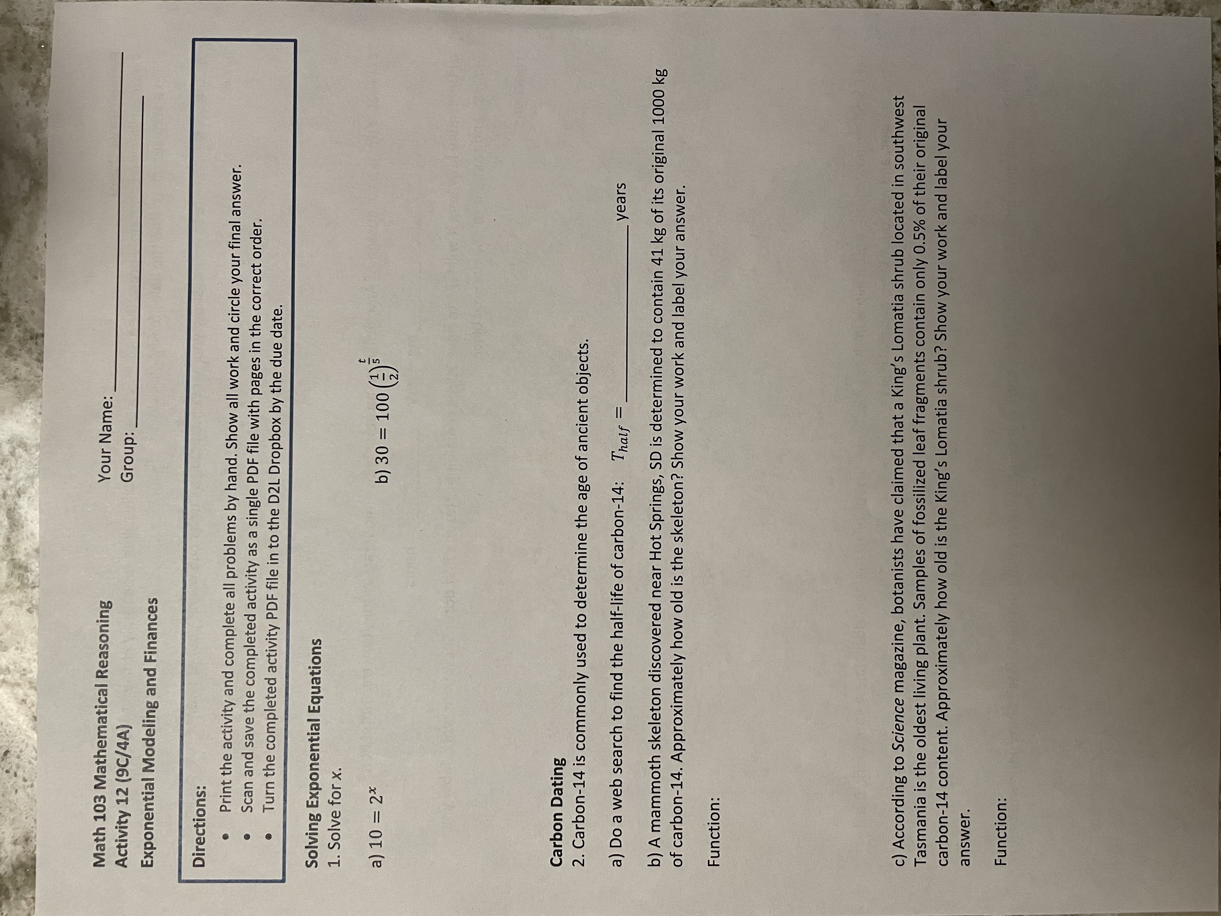 Math 103 Mathematical Reasoning Your Name: