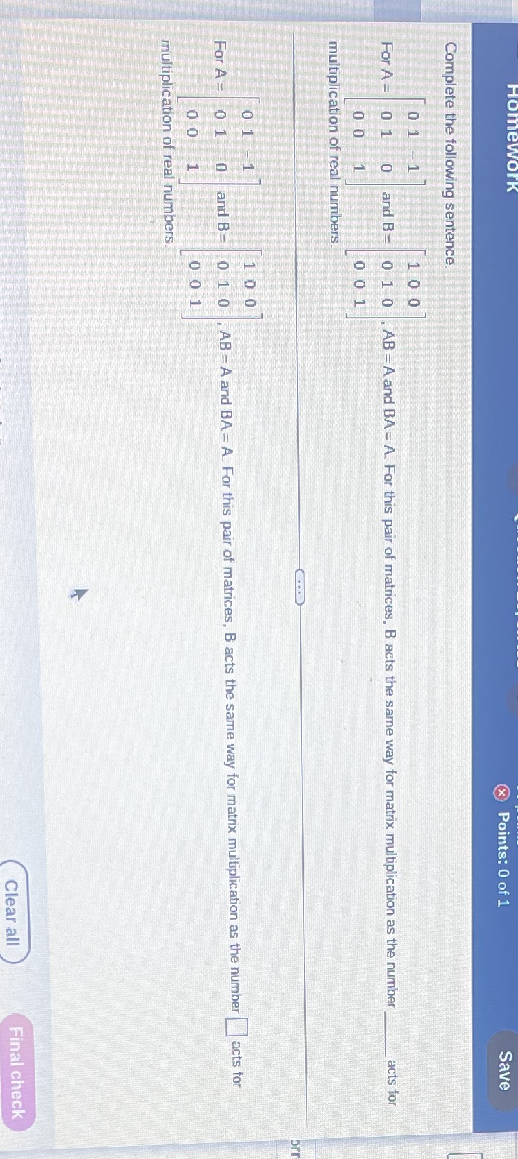 X Points: 0 of 1 Save Complete the following